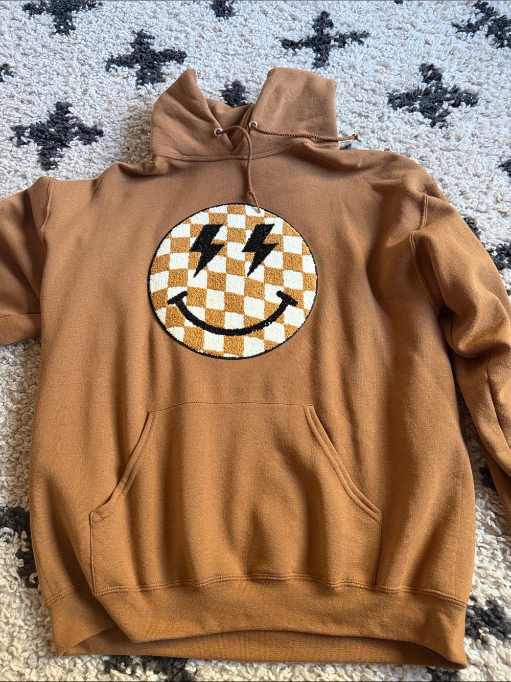Brown Happy Face Patch  Hoodie Sweatshirt - Smiley Checker Design